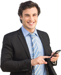 Digital png photo of smiling caucasian businessman using smartphone on transparent background