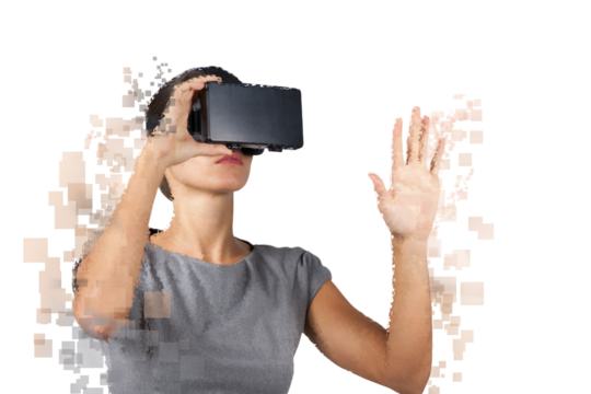 Digital png photo of caucasian businesswoman using vr headset on transparent background