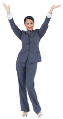 Digital png photo of smiling caucasian businesswoman with arms in air on transparent background