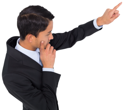 Digital png photo of asian businessman pointing with finger on transparent background - Powered by Adobe