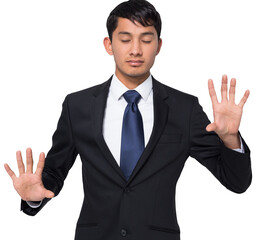 Digital png photo of focused asian businessman touching virtual screen on transparent background