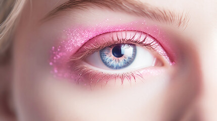 Beautiful blue eye with trendy pink glitter makeup, barbicor style. Part of a woman's face close-up. Perfect makeup