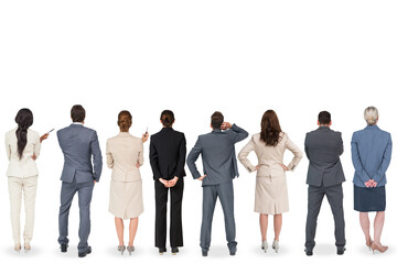 Digital png photo of rear view of diverse business people looking up on transparent background - Powered by Adobe