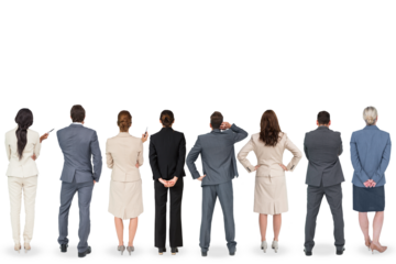 Digital png photo of rear view of diverse business people looking up on transparent background