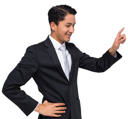 Digital png photo of smiling asian businessman pointing with finger on transparent background