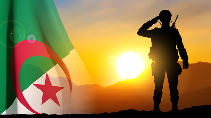 Silhouette of a soldier with Algeria flag against the sunset. EPS10 vector - obrazy, fototapety, plakaty