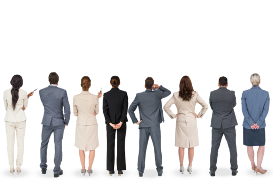 Digital png photo of rear view of diverse business people looking up on transparent background