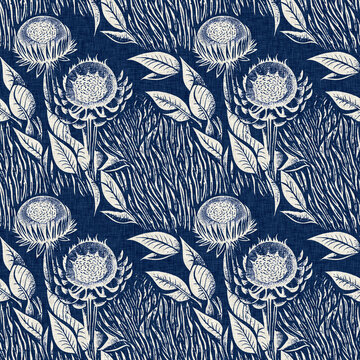 Masculine indigo floral blockprint linen seamless pattern. All over print of navy blue cotton effect flower linocut fabric background.