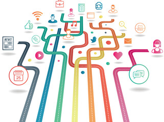 Digital png illustration of network of roads with icons on transparent background