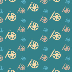 Digital png illustration of paint brush and palette on blue and on transparent background