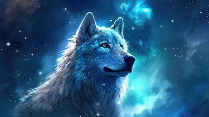 Blue wolf on galaxy night sky