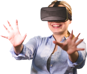 Digital png photo of smiling caucasian businesswoman using vr headset on transparent background
