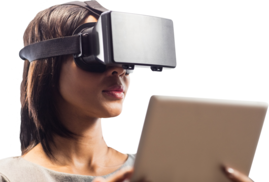 Digital png photo of biracial businesswoman with vr headset and tablet on transparent background