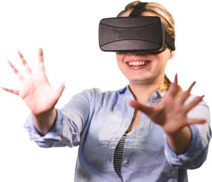 Digital png photo of smiling caucasian businesswoman using vr headset on transparent background