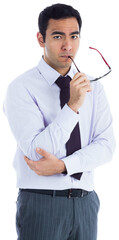 Digital png photo of serious biracial businessman holding glasses on transparent background