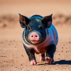 Cute pig walking in the desert