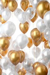 fliegende goldene und weiße Ballons auf hellem Hintergrund. Hochkant. Hochformat. Generative Ai.