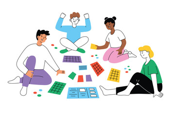 Family playing board game on floor, hand drawn composition with adults and children friends spend time together, vector illustration of tabletop game with cards and chips, colored clipart 