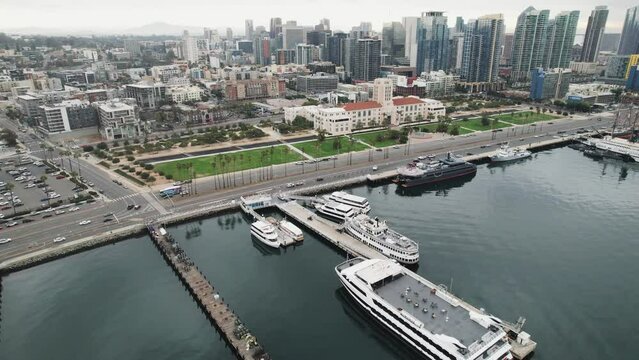 4. Aerial drone footage of Downtown San Diego waterfront, California