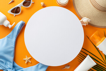 Safe beach tan concept. Above view photo of empty circle surrounded by swimsuit, sunhat, sunglasses, marine shells and palm leaves and sunscreen products on orange isolated background with copy-space