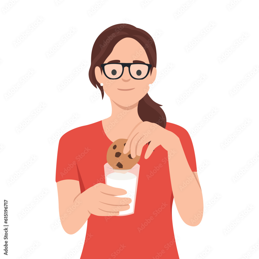 Wall mural young woman hold glass of milk with cookie. flat vector illustration isolated on white background