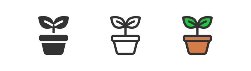 Plant in the pot icon isolated. Gardening symbol. Flower, spring, sprout, flowerpot, botanic, leaf in vase. Outline, flat and colored style. Flat design. Vector illustration - obrazy, fototapety, plakaty
