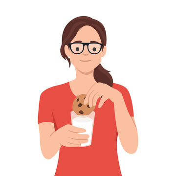 Young woman hold glass of milk with cookie. Flat vector illustration isolated on white background