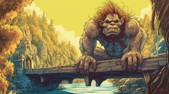 A troll guarding a bridge over a river . Fantasy concept , Illustration painting.