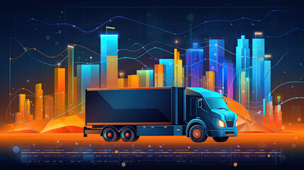 Truck on a background of analytics. Crago. - obrazy, fototapety, plakaty