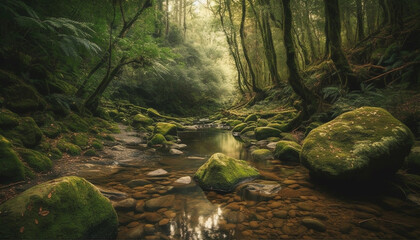 A tranquil scene of a wet ravine in a tropical rainforest generated by AI