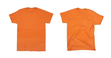 Orange t-shirts blank white background, smooth and wrinkled