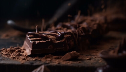 Indulgent gourmet dark chocolate bar with cocoa powder and shavings generated by AI