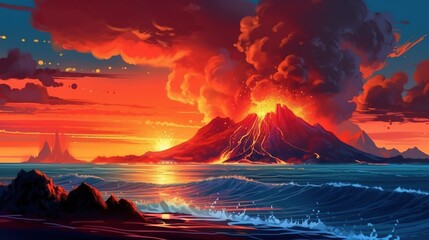 A volcanic island with lava flowing into the ocean . Fantasy concept , Illustration painting.