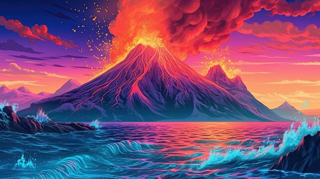 A volcanic island with lava flowing into the ocean . Fantasy concept , Illustration painting.