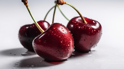 Close up shot of cherries on a white background