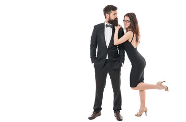 Art of flirt. Pick up and flirt concept. Bearded man in tuxedo and playful girl. Perfect flirt at party or event. Flirting lady. Woman attractive sexy female attract attention of bearded gentleman