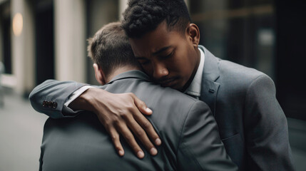Young colleague comforting another at work