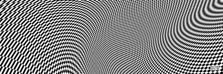 Abstract Black and White Pattern with Endless Chessboard. Contrasty Optical Psychedelic Illusion Spotted Spiral. Volume Checkerboard in Perspective on White Background. Vector. 3D Illustration