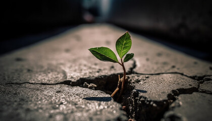 New beginnings sprout success on damaged cement, nature growth persists generated by AI