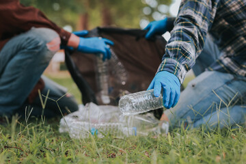 Naklejka premium Man volunteers to help pick up trash for the environment