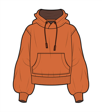 Bishop Sleeve Hoodies Sweater  Fashion Flat Sketch Vector Illustration, CAD, Technical Drawing, Flat Drawing, Template, Mockup.
