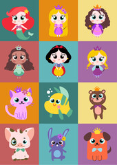 Encantadora Colección de Vectores, ilustraciones, iconos: Princesas Coloridas con Mascotas Juguetonas y Accesorios