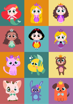 Encantadora Colecci&oacute;n de Vectores, ilustraciones, iconos: Princesas Coloridas con Mascotas Juguetonas y Accesorios