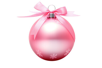 Pink Christmas ball with ribbon and a bow on white background. Generative AI