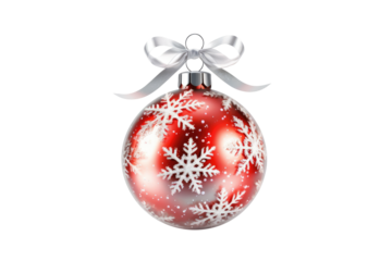 Red Christmas ball with ribbon and a bow on white background. Generative AI