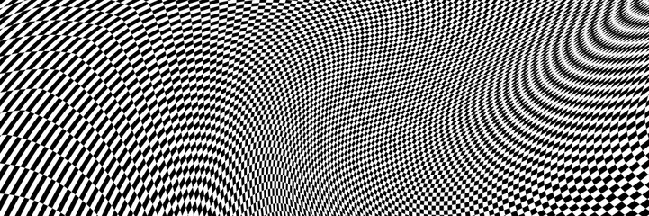 Abstract Black and White Pattern with Endless Chessboard. Contrasty Optical Psychedelic Illusion Spotted Spiral. Volume Checkerboard in Perspective on White Background. Raster. 3D Illustration