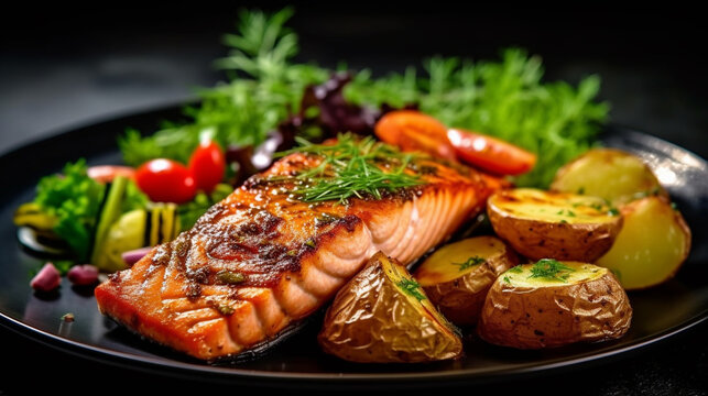 grilled salmon with vegetables HD 8K wallpaper Stock Photographic Image