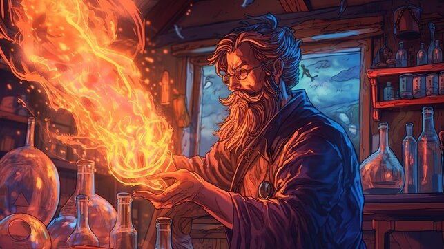 A wizard conjuring a fireball in a magical laboratory . Fantasy concept , Illustration painting.