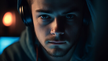 One young adult man, illuminated in blue, enjoying headphones generated by AI