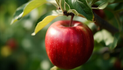 Juicy apple on a fresh green leaf, a healthy snack generated by AI